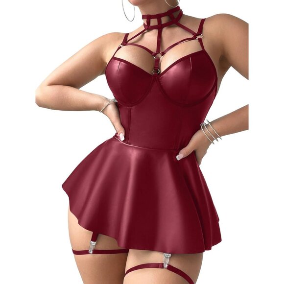 Women Wine Red Strappy Leather Underwire Choker Garter Belt Lingerie Set Dress - Picture 4 of 6